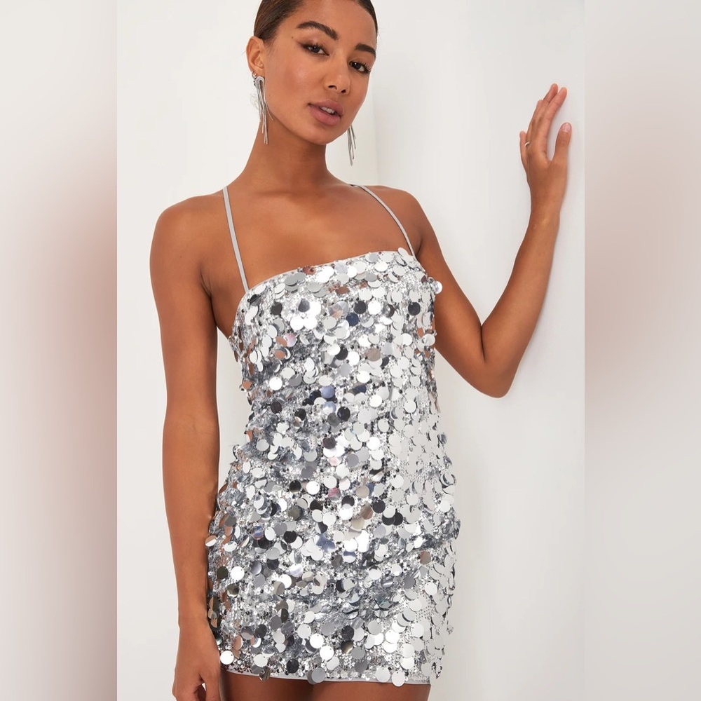 Passionate Sparkle Silver Sequin Lace-Up Mini Bodycon Dress